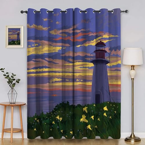 EXSANLIEAY ‌Cortinas Opacas BlackoutFaro Cortina 3D Paisaje Cortinas Opacas para Dormitorio y Sala -2 Piezas 132x158 cm, Térmicas y Antiruido, Diseño Moderno, Instalación Fácil ‌
