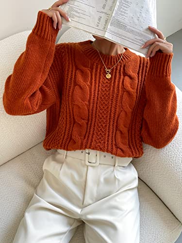 Image of MakeMeChic Women's Cable Knit Sweaters Drop Shoulder Long Sleeve Crew Neck Casual Pullover Tops Rust Brown Large