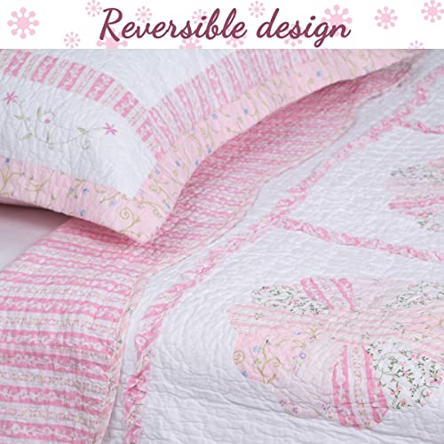 Cozy Line Home Fashions Pink Daisy Field Flora Real Patchwork Cotton Reversible Quilt Bedding Set, Coverlet, Bedspread (Daisy Field, Queen - 3 Piece)