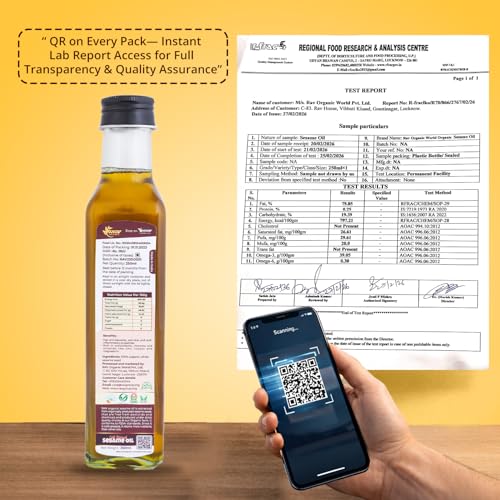 Image of Rav Organics Certified Organic Cold Pressed Sesame Oil- 250ml | Wood Pressed Gingelly Til Oil for Cooking | Til Ka Tel | White Sesame Nallennai | Omega 6 & 9 | Massage Oil for Hair - Body - Skin & Baby Care