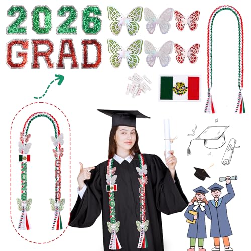 Image of Mexican Graduation Leis 2026,Class of 2026 Graduation Ribbon Lei with Butterfly and Pins,Double Handmade Congrats,Graduations Gifts for High School College