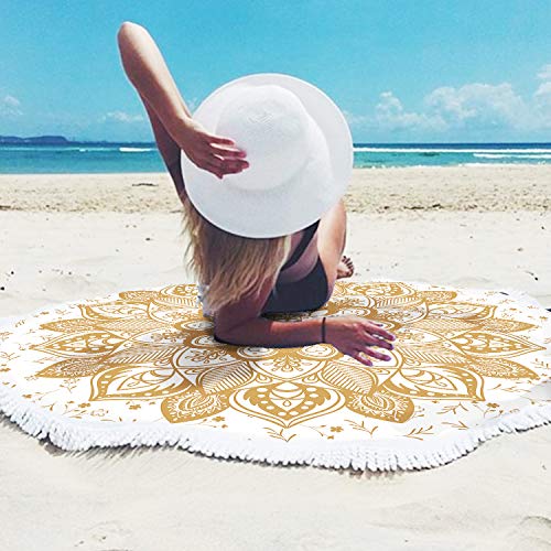 Oversized Round Gold Yellow Mandala Beach Towel Blanket, Microfiber Soft Sand Free Large Water Absorbent Beach Blanket For Women Circle Swim Pool Towel Meditation Table Rug With Tassels 60 Inch #TOP2