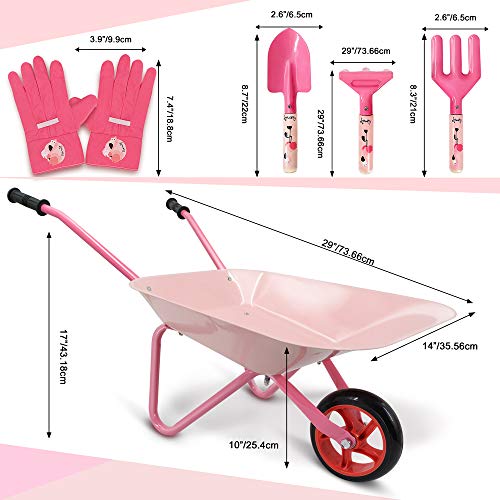 Hortem 5PCS Kids Wheelbarrow Set, Metal Construction Kids Wheel Barrel and Kids Garden Tools,Kids Gardening Glove, Gifts for Children (Pink)