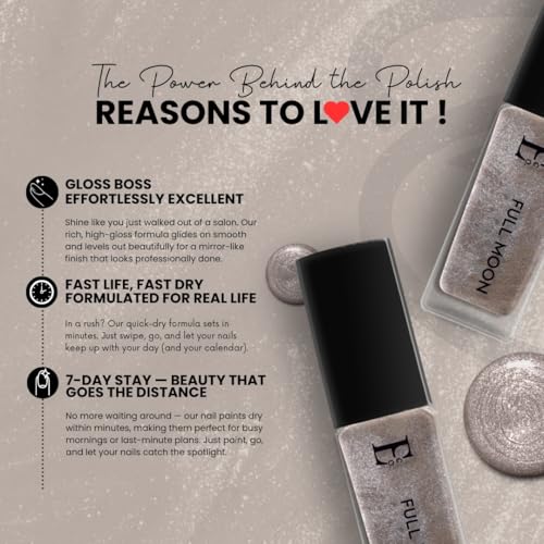 Image of Ellement Co Full Moon Nail Polish 10 ML | Metallic Grey Nail Colour | High Gloss Salon Finish | Quick Dry Smooth Application | Long Lasting Chip Resistant Wear up to 7 Days | Perfect for Office, Party, Festive & Minimal Styling