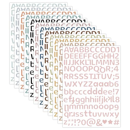 Vinyl Self Adhesive Alphabet Stickers, 12 Sheets Alphabet Letter Stickers, 12 Different Color Mailbox Numbers Labels for Classroom Window Door Decor, DIY Crafts Art Making (Boho)