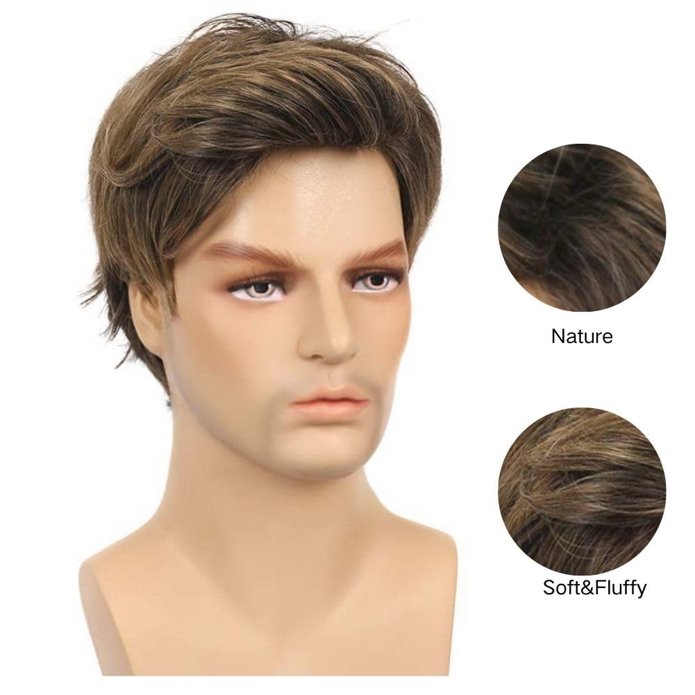 Salaibs Mens Brown Short Wig Side Part Natural Looking Hair Wigs Synthetic Fiber Daily Wig, Brown Blonde - Image 3