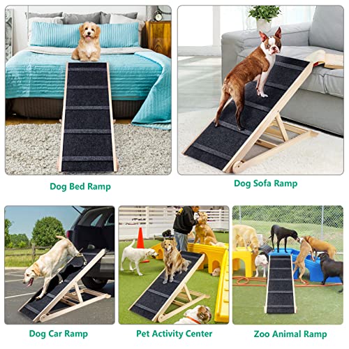 Suteck Wooden Adjustable Dog Ramp, 200Lbs Load Folding Pet Ramp With Portable Handle For All Small Large Animals 6 Height From 13.8” To 25.6” For Bed Couch Car -Durable Frame, High Traction #TOP6