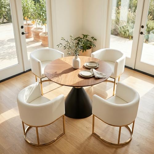 Image of HNY Mid Century Modern Upholstered Barrel Dining Chairs with Arms Set of 4, Leather Kitchen & Dining Room Accent Chairs for Living Room with Gold Metal Frame, White