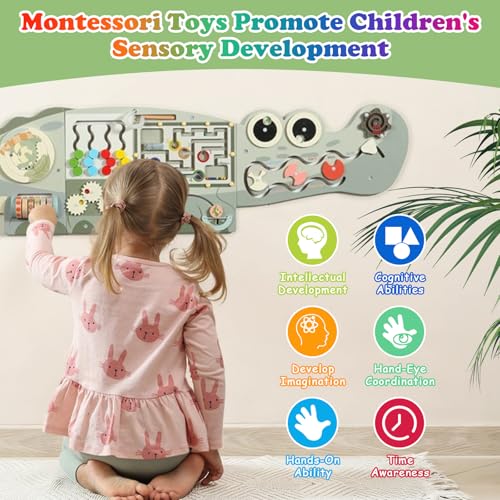 Panel de pared sensorial de cocodrilo y tablero de actividades de madera verde infantil 3