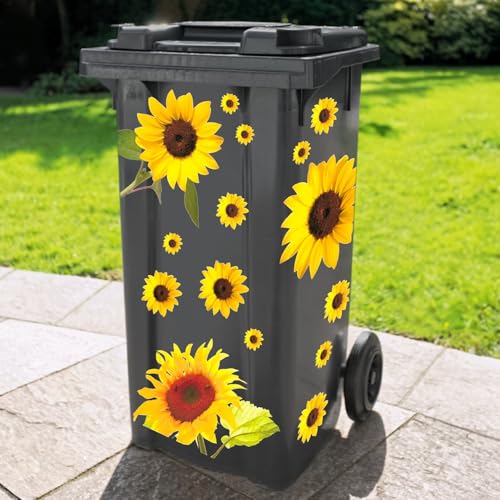 3 Pagen® Mülltonnenaufkleber Sonnenblume – Mülleimer Aufkleber - Sticker für die Mülltonne - Blumenmotiv – wasserfest, langlebig & selbstklebend – Größe 3-21cm -15 Stück