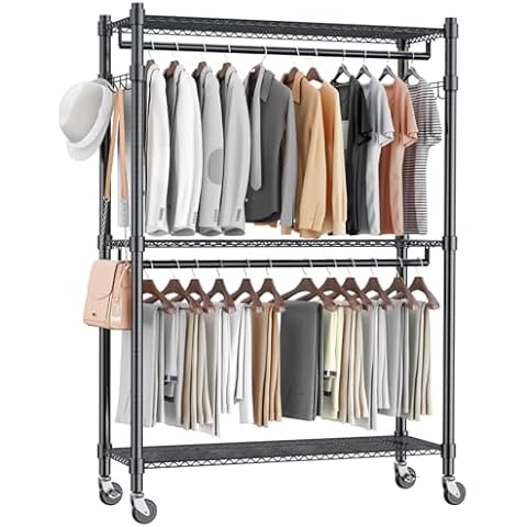 Homdox Rolling Garment Rack with Double Rod, Heavy Duty Clothing Rack with Shelves, Portable Clothes Rack, Free Standing Wardrobe Rack, with Lockable Wheels & Hanging Hooks, Max Load 450 LBS, Black Cover