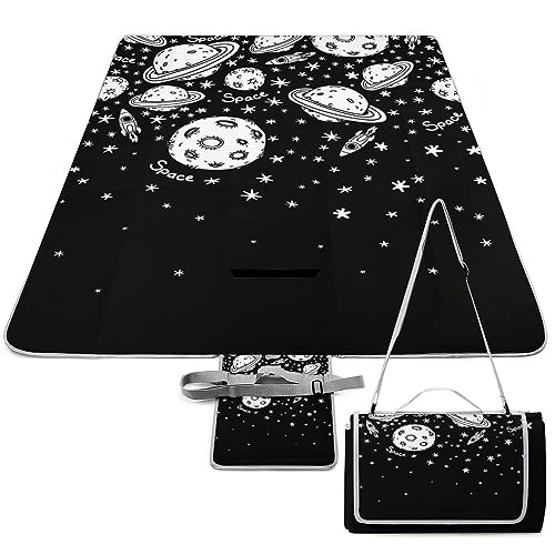 Black White Space Pattern Picnic Blanket Waterproof Foldable, Large Outdoor Picnic Blanket Beach Blankets Camping Blanket Travel Mat, Shoulder Strap Tote, Rectangle 58x58in