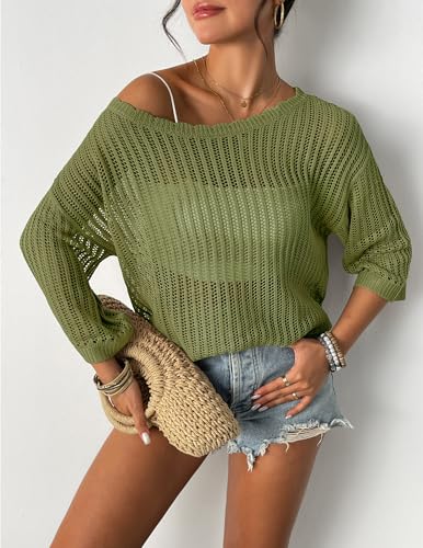 Image of Zeagoo Womens Summer Tops Crochet Sweaters Resort Wear 3 /4 Sleeve Hollow Out Knit Tops 2026 Beach Coverup
