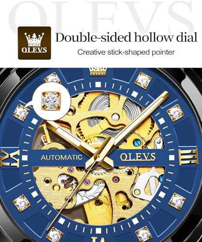Image of OLEVS Men's Gold Skeleton Watch Automatic Mechanical self Winding Luxury Dress Stainless Steel Waterproof Luminous Wrist Watches