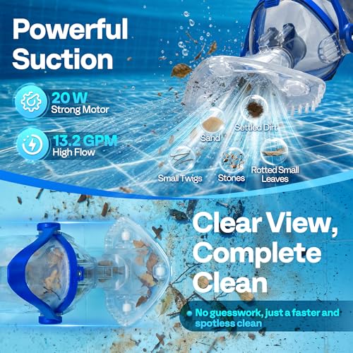 Image of VIVOHOME Handheld Pool Vacuum 13.2 GPM Suction Cordless Pool Cleaner 20W Powerful Motor Long-Run 60min Battery, Adjustable Pole for Above Ground & In-Ground Pools, Spas - Blue