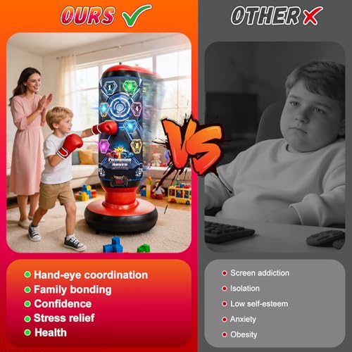 Image of Kids Punching Bag with Gloves & Pump, Inflatable Boxing Set Electronic Boxing Bag with Music & Lights, Freestanding Martial Arts Toy with 4 Smart Game Modes, Birthday Gift for Boys and Girls Ages 4-12