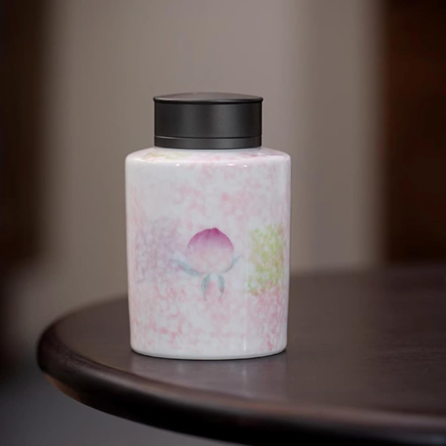 Hand-drawn Peach Pink Ceramics Tea Canister, 260ml 8.8oz, Overglaze Sealed Jar Storage Jar Tea Storage Caddy
