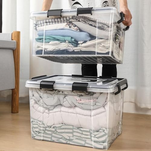 Image of Clear Heavy Duty Bulk Storage Container with Lids | Stackable Plastic Bins with Handles & Rolling Wheels | BPA-Free, Multi-Purpose for Kitchen, Pantry, Office (4, Combo Pack of 4)