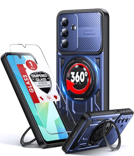 LeYi for Samsung Galaxy A16-5G Case: with Glass Screen Protector, [Fit Magsafe] 16FT Heavy Duty Shockproof Protection Rugged Android Smart Phone Case with Magnet Ring Stand Samsung 16A 5G, Blue