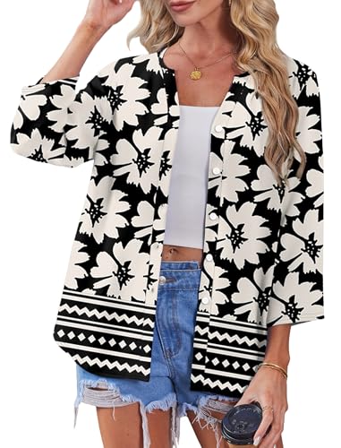 Image of OFEEFAN Button Down Shirts for Women 3 /4 Length Sleeve Tops V Neck Blouses Business Casual Outfits Loose Fit