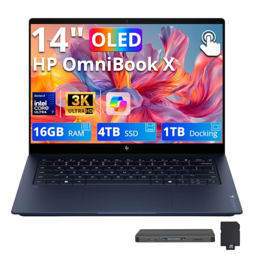 Image of HP OmniBook X (Previously Elitebook X) 14 inch 3K OLED 120Hz Touchscreen Laptop, Intel Core Ultra 7 355(49 AI Tops), 16GB RAM, 5TB Storage (4TB SSD+1TB Docking Station), Backlit Keyboard, Win 11 Pro, Blue