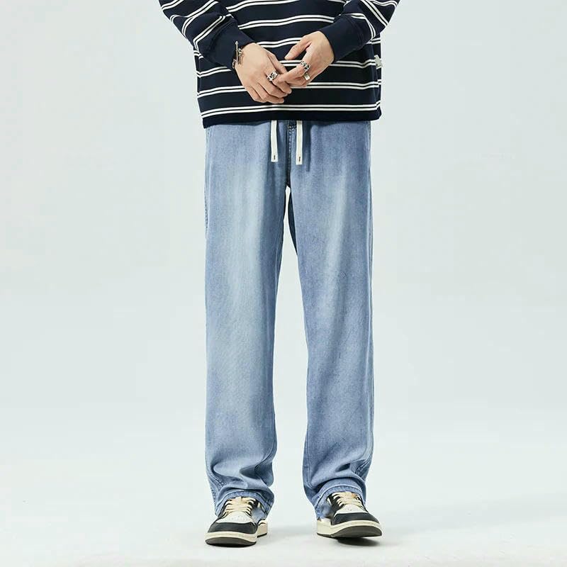 Summer Thin Soft Lyocell Fabric Jeans Men Elastic Waist Straight Denim Pants Male Trousers2