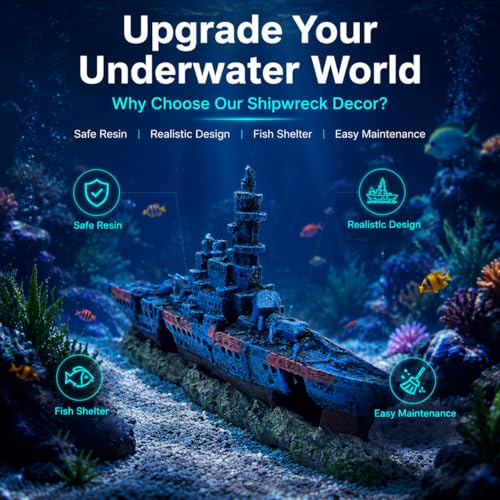 Image of Mipukbay Shipwreck Aquarium Decorations, Resin Fish Tank Artificial Rock Ornament for Freshwater /Saltwater, Safe Landscape Hideout for Betta Fish, Goldfish and Aquatic Pets