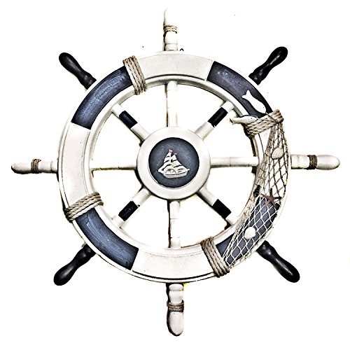 bombayjewel Wood Shipwheel with Rope Knot Nautical 24inches White and Blue