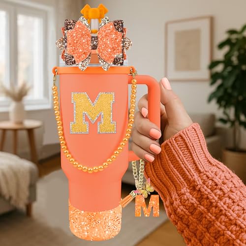 Hpebl 9PCS Orange for Stanley Cup Accessories Set Bling Initials Bow Charms for Stanley Decorations 30/40 Oz Tumbler Accessories Including Bow Straw Topper, Handle Strap, Spill Stopper（Letter M） — view 2