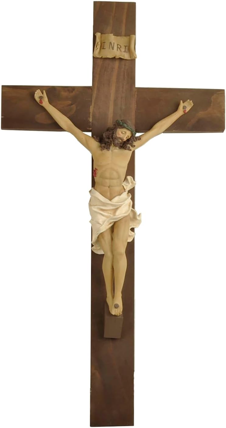 ENNAS Large Wall Crucifix with Resin Jesus Figurine 19 Inch Wooden Cross with Metal Hook Handcrafted Religious Wall Decor for Home, Church, or Prayer Room Christian Catholic Gift