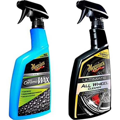 Meguiar's G190526EU Hybrid Ceramic Spray Wax 768ml Advanced SiO2 Technology & G180124EU Ultimate All Wheel Cleaner Iron Remover 709ml, Changes colour as it cleans!