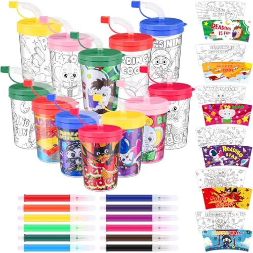 Funnymoom 12 Stück Lese-Malbecher mit Aquarellstift, 237 ml, zum Ausmalen Ihrer eigenen Tassen, DIY-Tassen-Set, zum Ausmalen, Basteln, bemalbare Becher für Liebe zum Lesen, Schulaktivitäten, Zuhause,