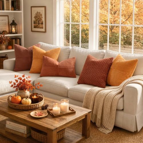 Image of MIULEE Fall Rust Boho Decorative Throw Pillow Covers 20x20 Inch for Couch Bed Sofa Pack of 2, Terracotta Farmhouse Earth Tones Home Decor, Soft Corss Corduroy Patchwork Textured Cushion Cases