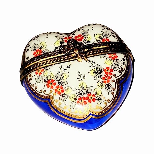 Medium Blue Gold Heart W Red Flowers Limoges Box #TOP2