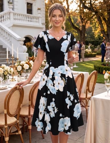 Image of HomRain Wedding Guest Dresses for Women Vintage Short Sleeves Casual Fit and Flare Cocktail Formal Dress for Tea Party