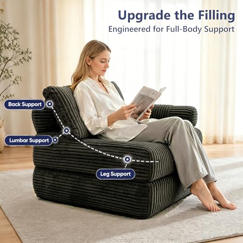 Image of Folding Sofa Bed Convertible Sleeper Chair with Pillow Boneless Futon Chair | Boneless Foldable Couch with Armrest, Comfy Fold Out Floor Couch for Living Room, Dark Grey