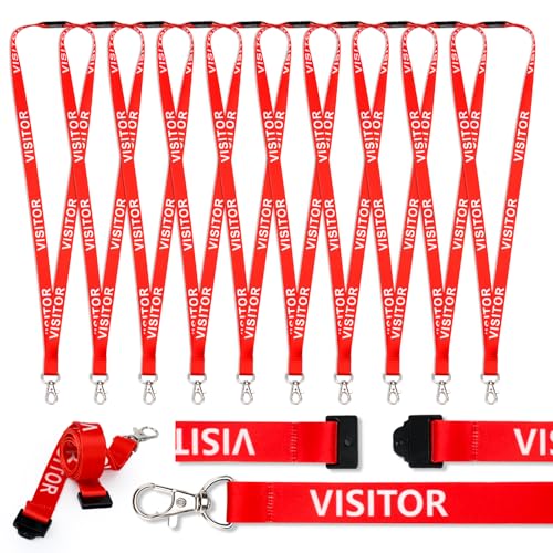 10Pcs Red Visitor LANYARDS for Neck Lanyard Breakaway Safety Keychain Lanyards Swivel Metal Clip for Identity Id Card Pass Badge Holder Volunteer