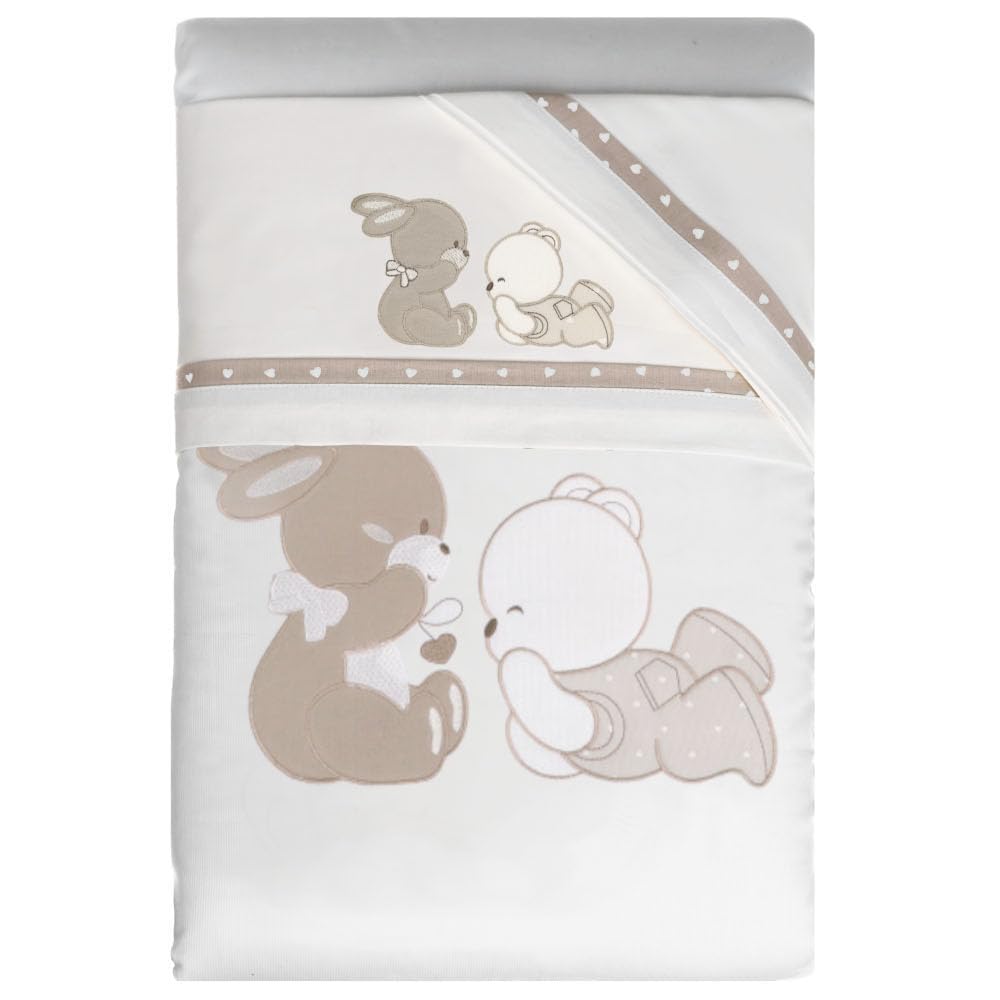 Set Corredo Letto Piumone Lenzuolo Federa Lettino Neonato Trapunta Culla Bambino Sfoderabile Anallergico Traspirante Antiacaro Antisoffoco Antiallergico (NEXT2ME, Serie “Sempre amici” Tortora)