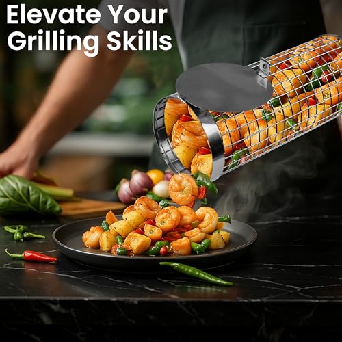 BBQ Grill Basket Set (2PCS), 304 Stainless Steel, Nesting Grilling Net, Rolling BBQ Accessories Tool for Vegetable Shrimp, Outdoor Cooking Camping, Birthday Gifts for Men Dad Husband