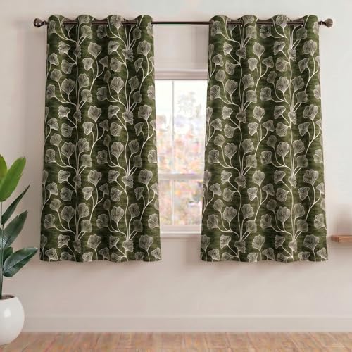 Image of Home Sizzler Ginkgo Leaf Eyelet Polyester Semi-Transparent Window Curtains - 5 Feet, Pack of 2, Olive