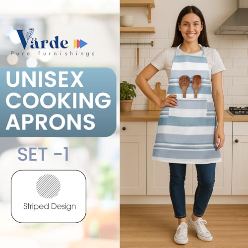 Image of Unisex Cooking Aprons | Waterproof Apron | Striped Design with 2 Front Pockets & Adjustable Neck Strap | Durable, Oil & Stain Resistant | Chef Apron for Cooking