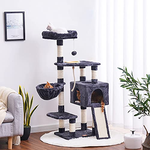 Heybly Cat Tree Cat Tower for Indoor Cats Multi-Level Cat Furniture Condo with Feeding Bowl and Scratching Board Smoky… - Image 3