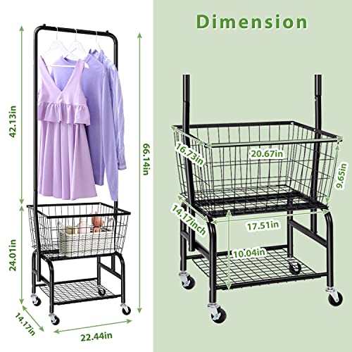 Mosxoed Laundry Cart With Wheels And Hanging Rack Rolling Laundry Basket With Clothes Rack Laundry Butler With Wire Storage Rack Coat Rack For Bedroom Hallway Laundry, Black-2 #TOP1