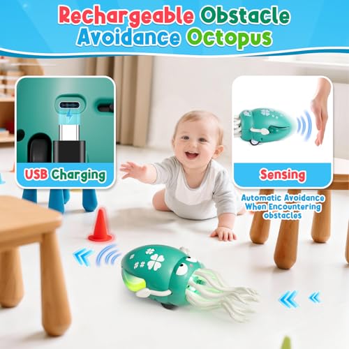 Image of Dancing Squid Baby Toy, Infant Tummy Time Toys for 3-6 Months, Interactive Crawling Octopus with Music & Lights for 6-12, 12-18 Learning Walking Toy for Toddlers 1 Year Old Boys Girls Birthday Gifts