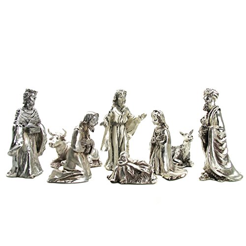FranquiHOgar Presepe di Natale Nascita - Figurine con bagno in Argento Vintage | 8 statuine: Gesù Bambino, Maria, Giuseppe, Bue, Mula, 3 Re Magi | Fatto a Mano in Spagna