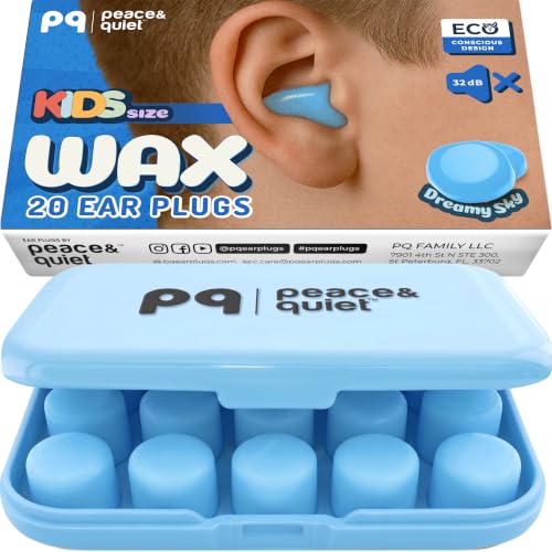 Peace&Quiet PQ Wax Ear Plugs for Sleep Kids Size Moldable Wax Ear Plugs for Small Ears - Waterproof Swim&Sleep Ear Protection Noise Reduction - Sound Blocking 32 Db (20 Pillows)