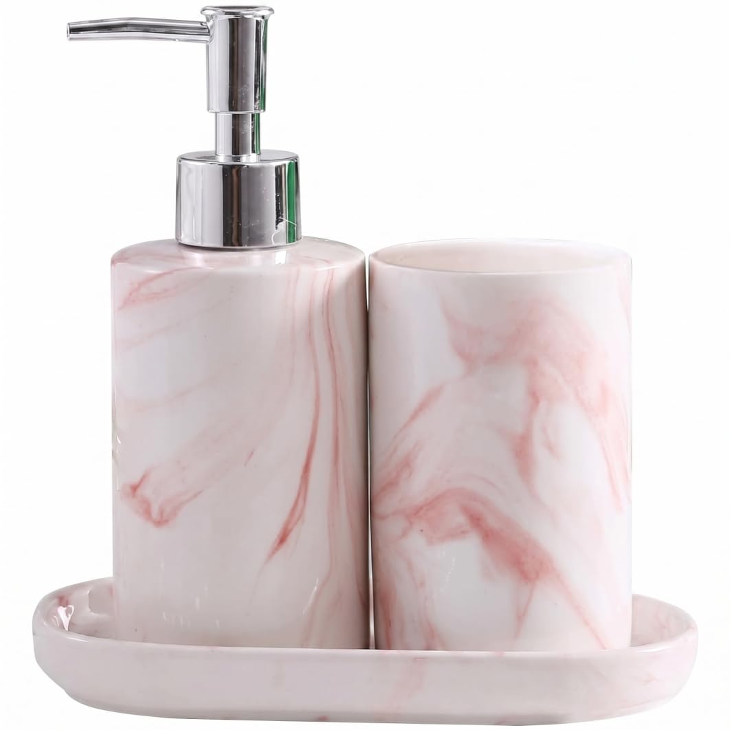 Ngbbby 3 Piece Soap And Toothbrush Holder Set - Nordic Luxury Ceramic Marble Bathroom Set, Toothbrush Tumbler & Soap Dish Holder, Marble Bathroom Accessories