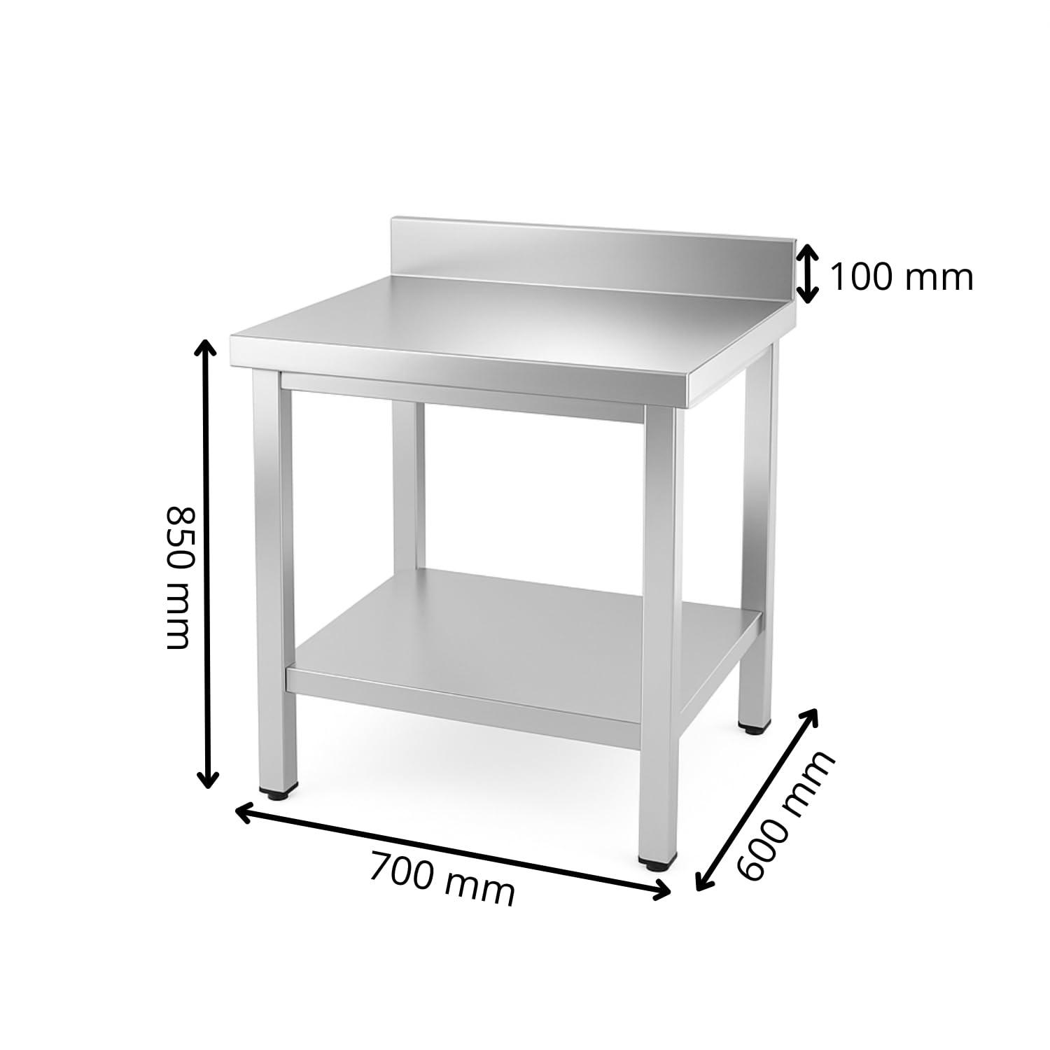 Générique Table INOX Adossée Professionnelle – 700 x 600 mm – avec Étagère Basse – Dosseret 100 mm – Charge 150 kg