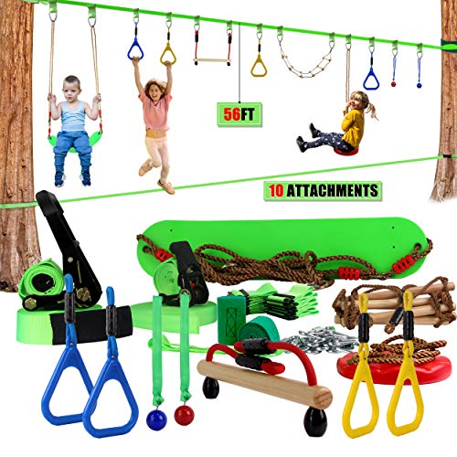 Gentle Booms Sports Ninja Warrior Line Hanging Obstacle Course for Kids Activities- 56ft Slackline Kit, Monkey Bar, Ninjaline Ladder, fist, Rings- Backyard Tree Training Equipment Outdoor Play Gym