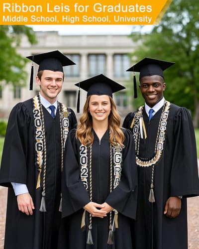 Image of Yigney Graduation Lei Set Class of 2026 Grad Ribbon Leis with Honor Cord Double Braided Graduate Leis for Men Women Black Gold White